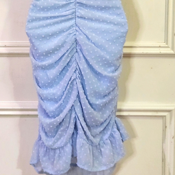 Eilly Bazar Light Blue Raised Dot On/Off Shoulder Ruffle Ruched Dress,Large - Picture 10 of 16